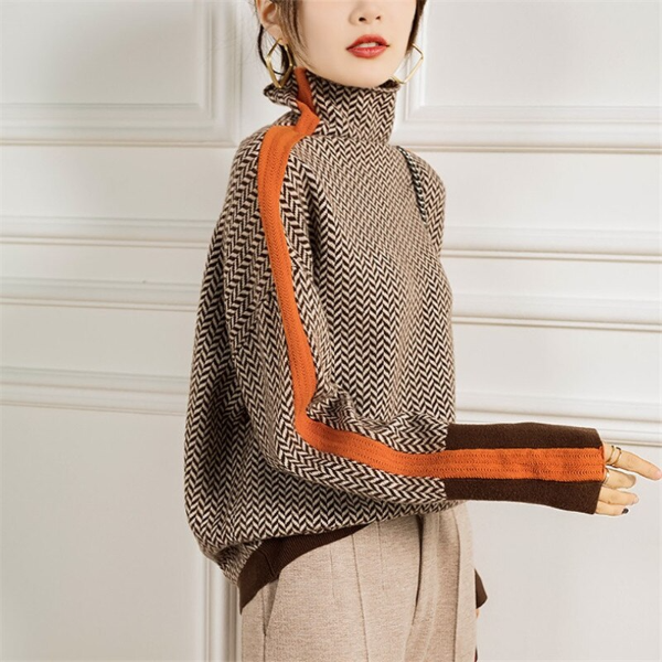 Herringbone Knit Sweater | Warm & Stylish | High-Neck Design