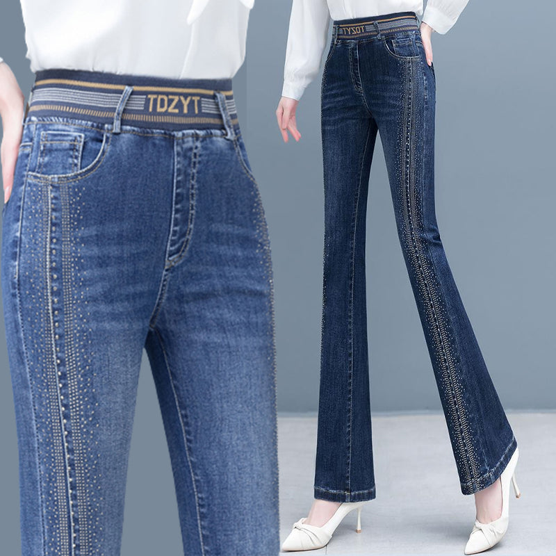 High-Waisted Flared Jeans | Rhinestone Detail | Stretch & Stylish