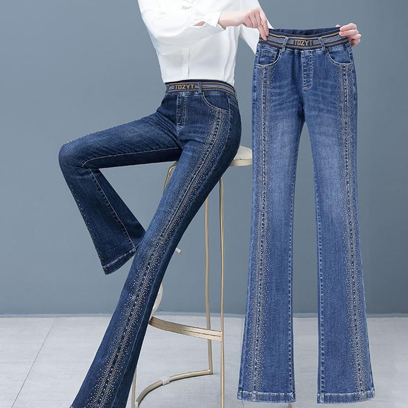 High-Waisted Flared Jeans | Rhinestone Detail | Stretch & Stylish