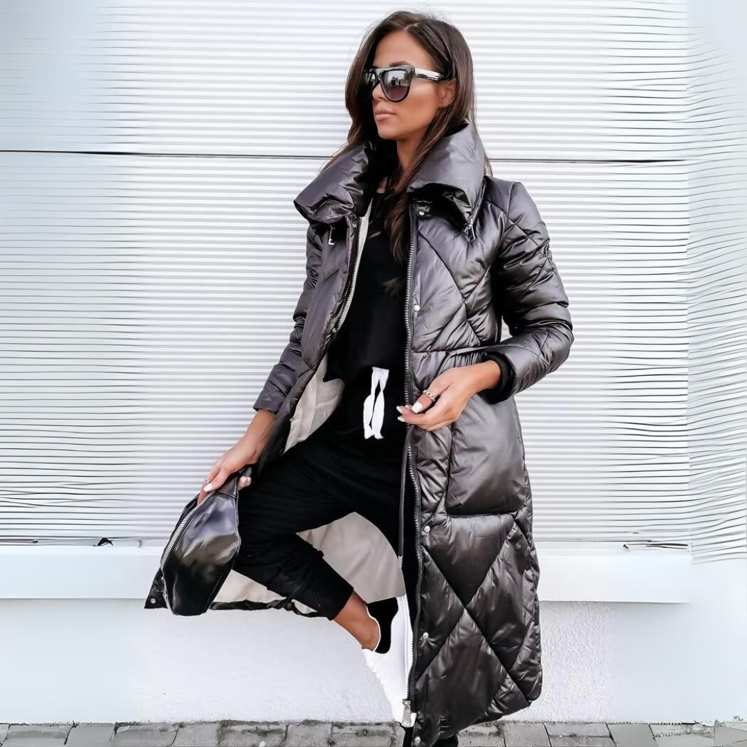 Long Quilted Puffer Coat | Warm & Stylish | High-Collar Design