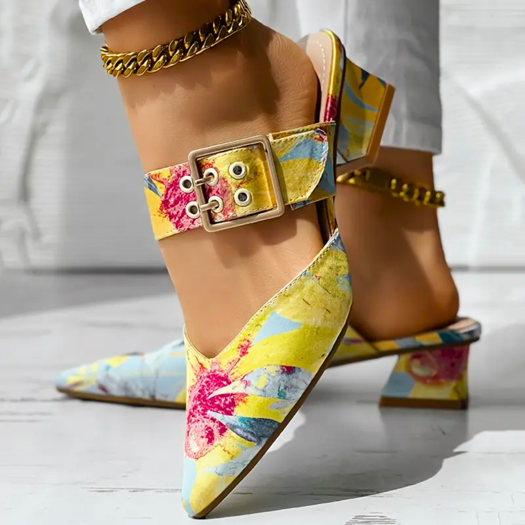 Multicolor Pointed-Toe Mules | Buckle Strap | Bold & Chic