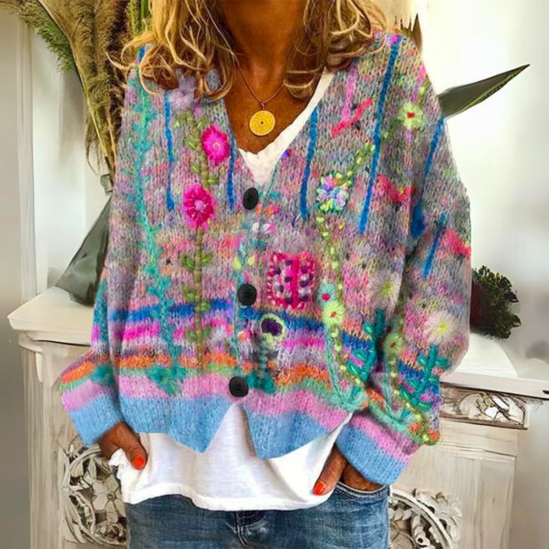 Artistic Knit Cardigan | Floral Pattern | Cozy & Colorful