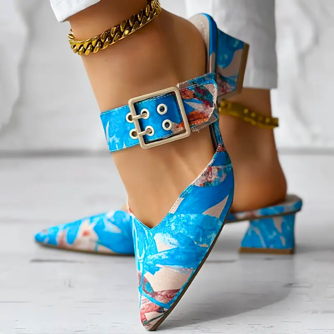 Multicolor Pointed-Toe Mules | Buckle Strap | Bold & Chic