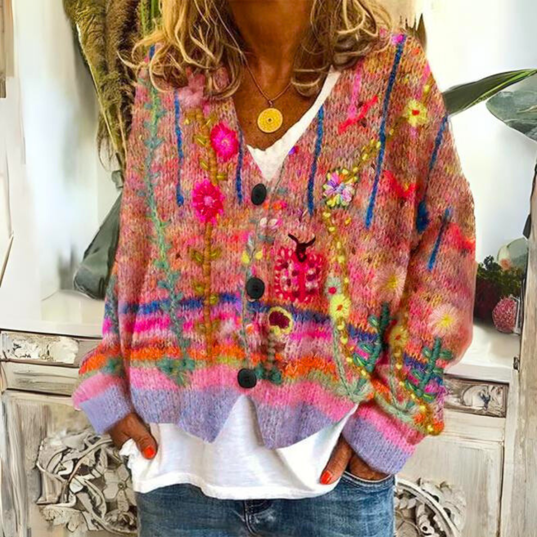 Artistic Knit Cardigan | Floral Pattern | Cozy & Colorful