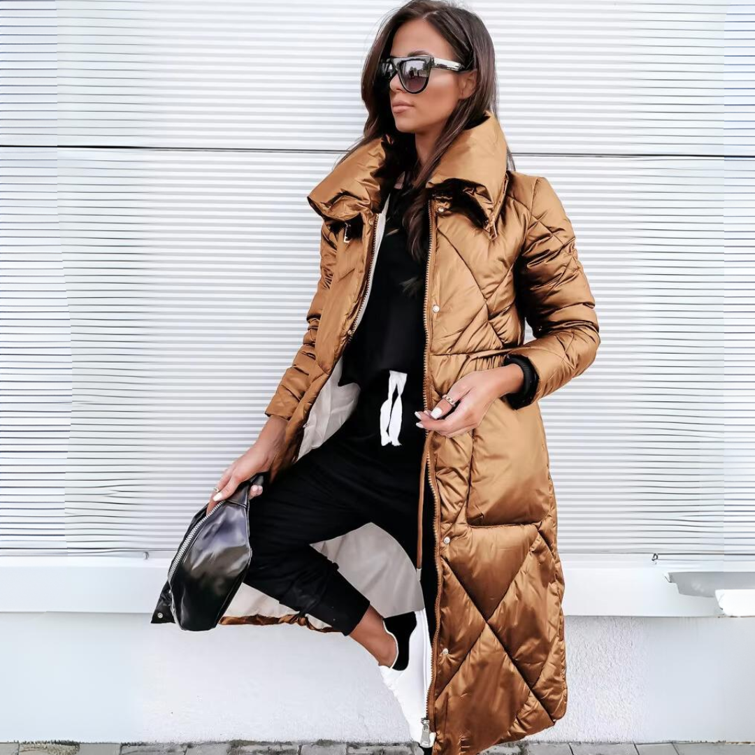 Long Quilted Puffer Coat | Warm & Stylish | High-Collar Design