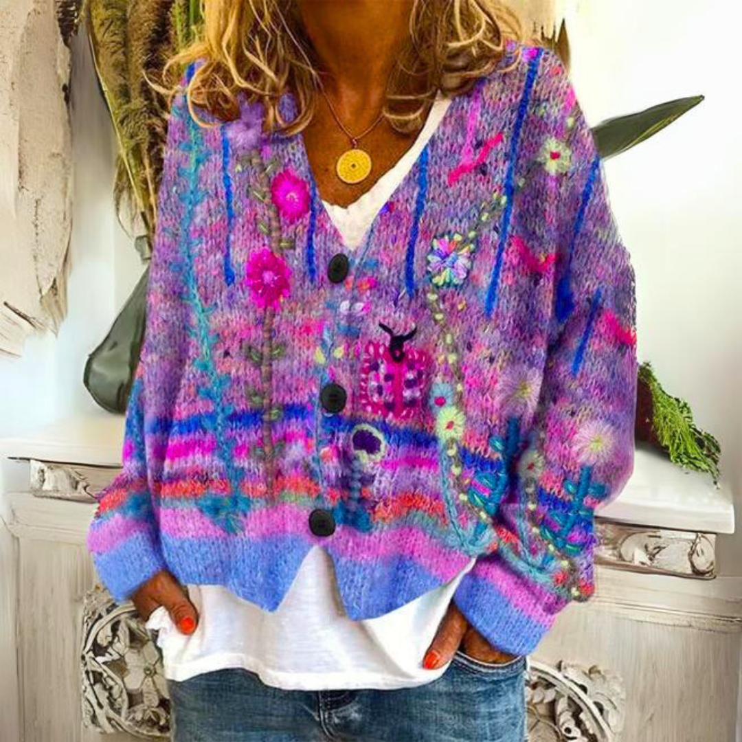 Artistic Knit Cardigan | Floral Pattern | Cozy & Colorful