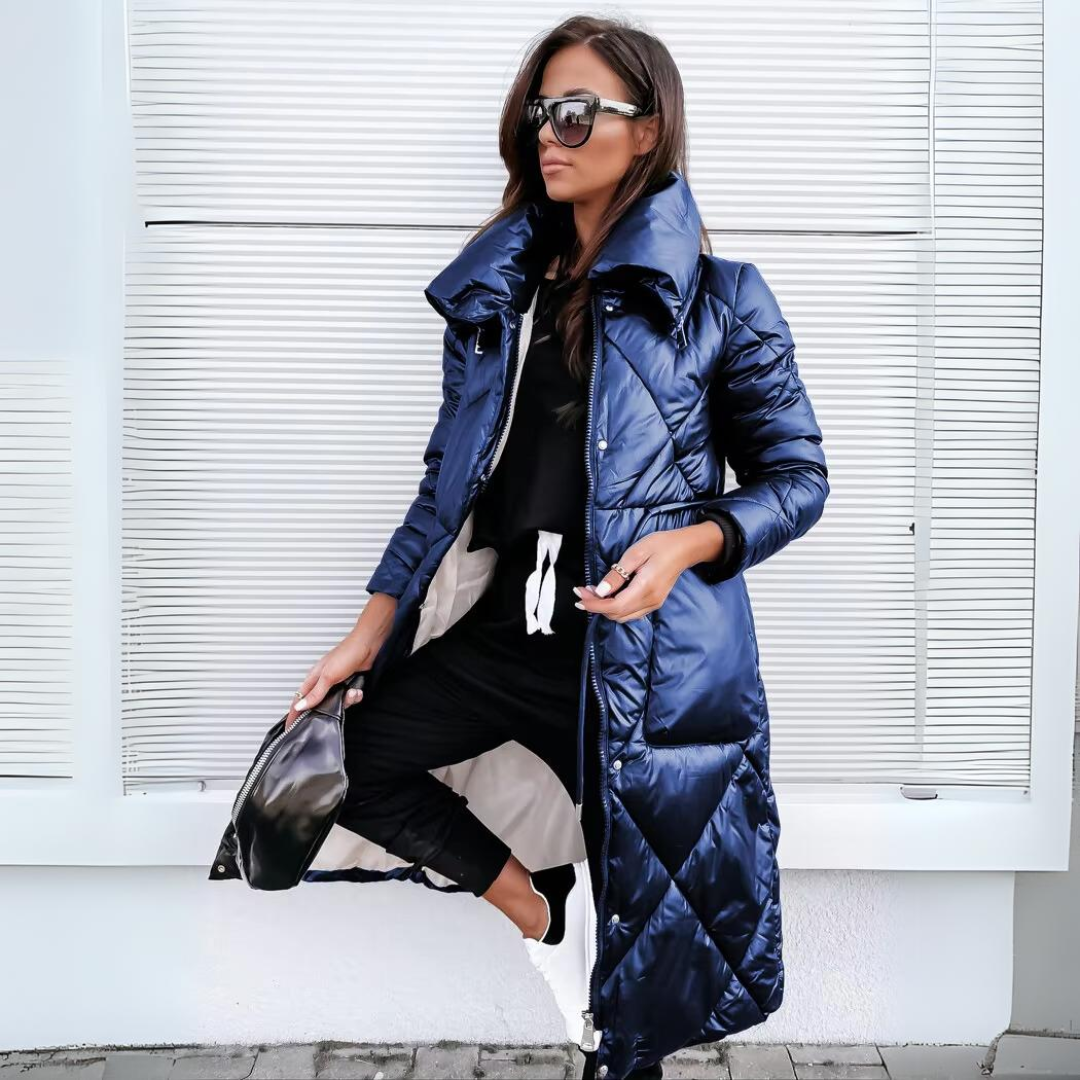 Long Quilted Puffer Coat | Warm & Stylish | High-Collar Design