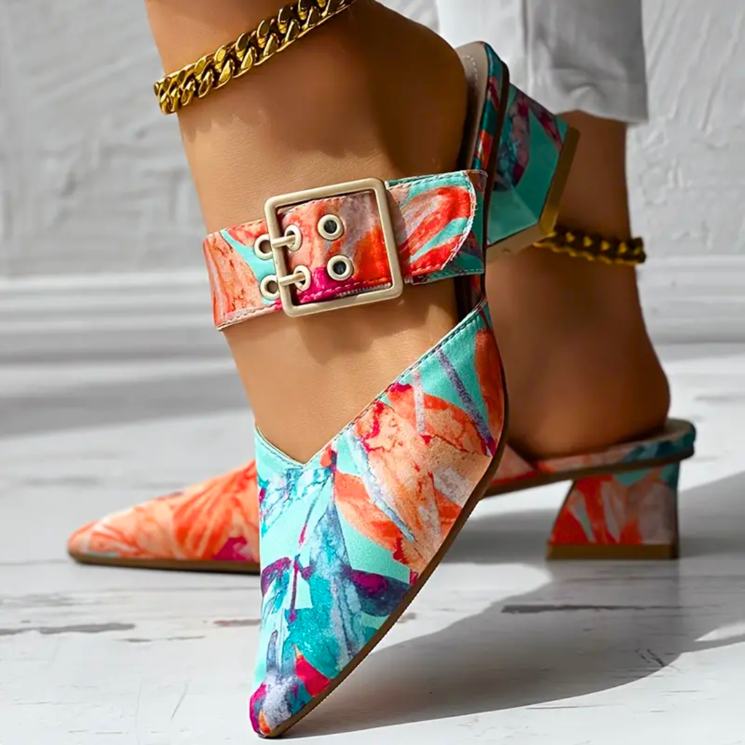 Multicolor Pointed-Toe Mules | Buckle Strap | Bold & Chic