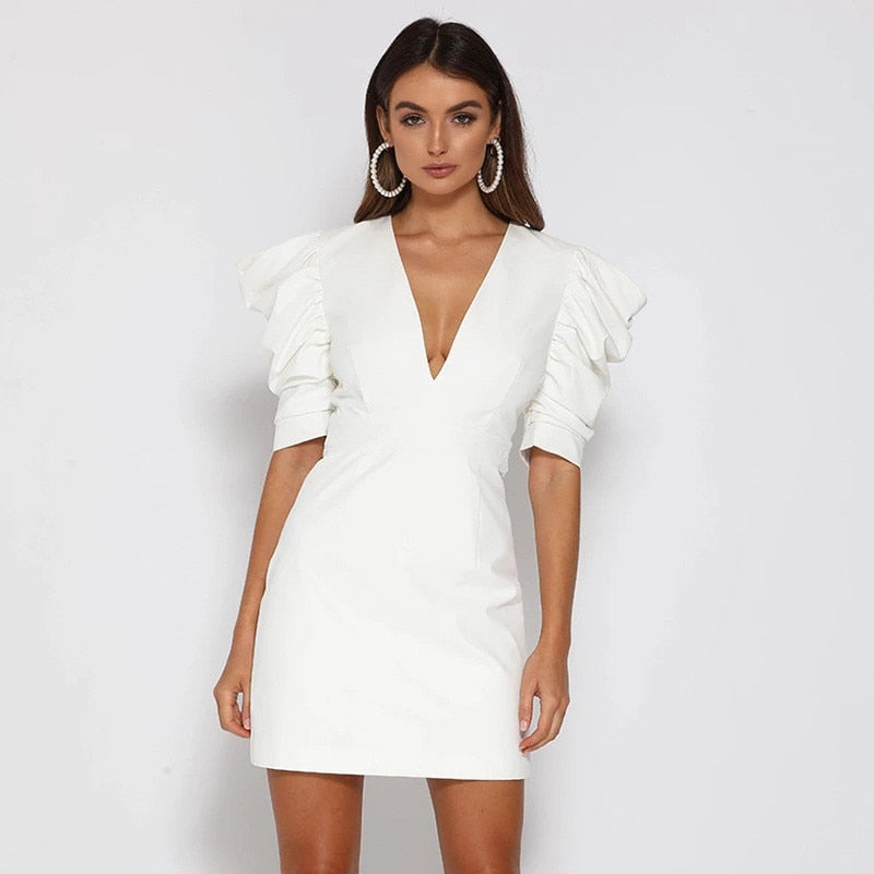 Ruffled Sleeve Mini Dress | Deep V-Neck & Tailored Fit