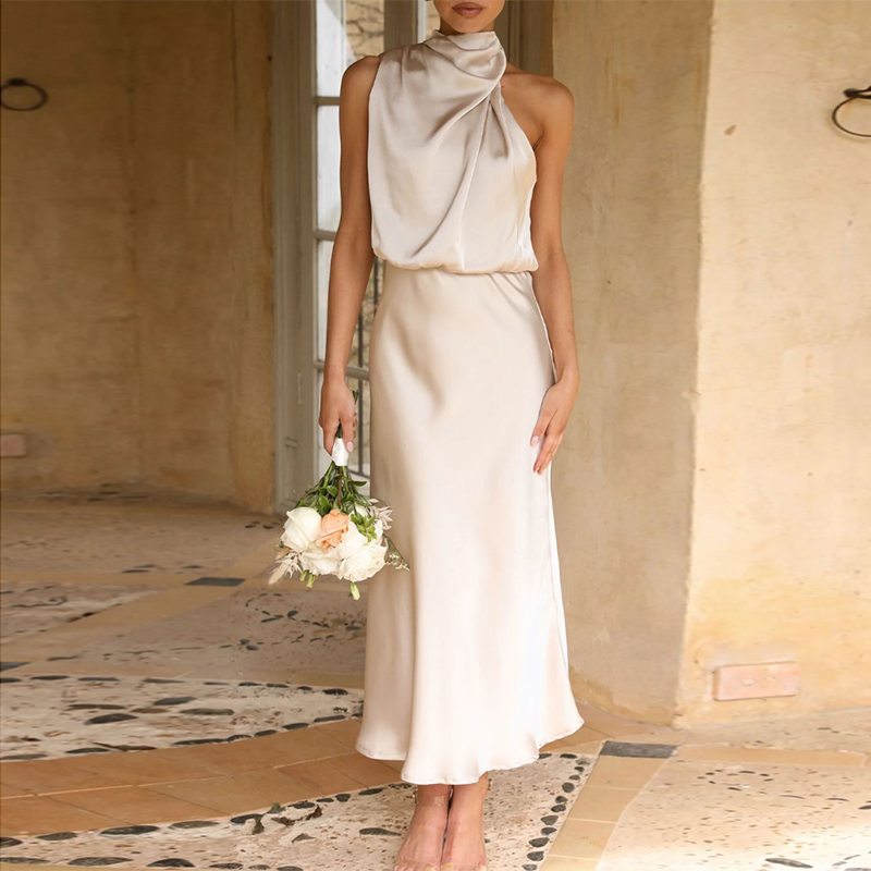 Satin Midi Dress | High Neck & Draped Elegance