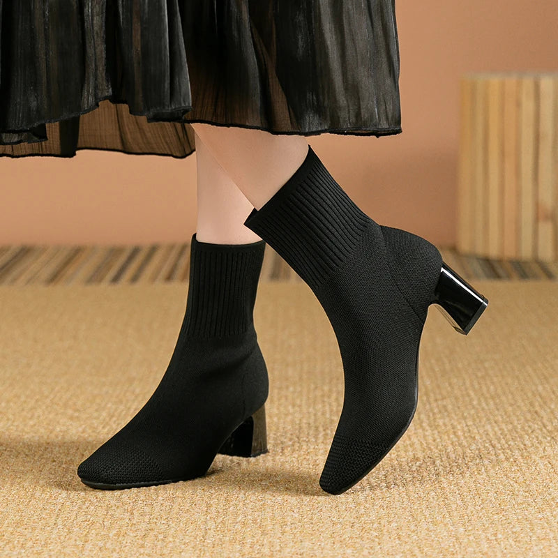 Stretch Knit Sock Boots | Chic & Comfortable | Block Heel