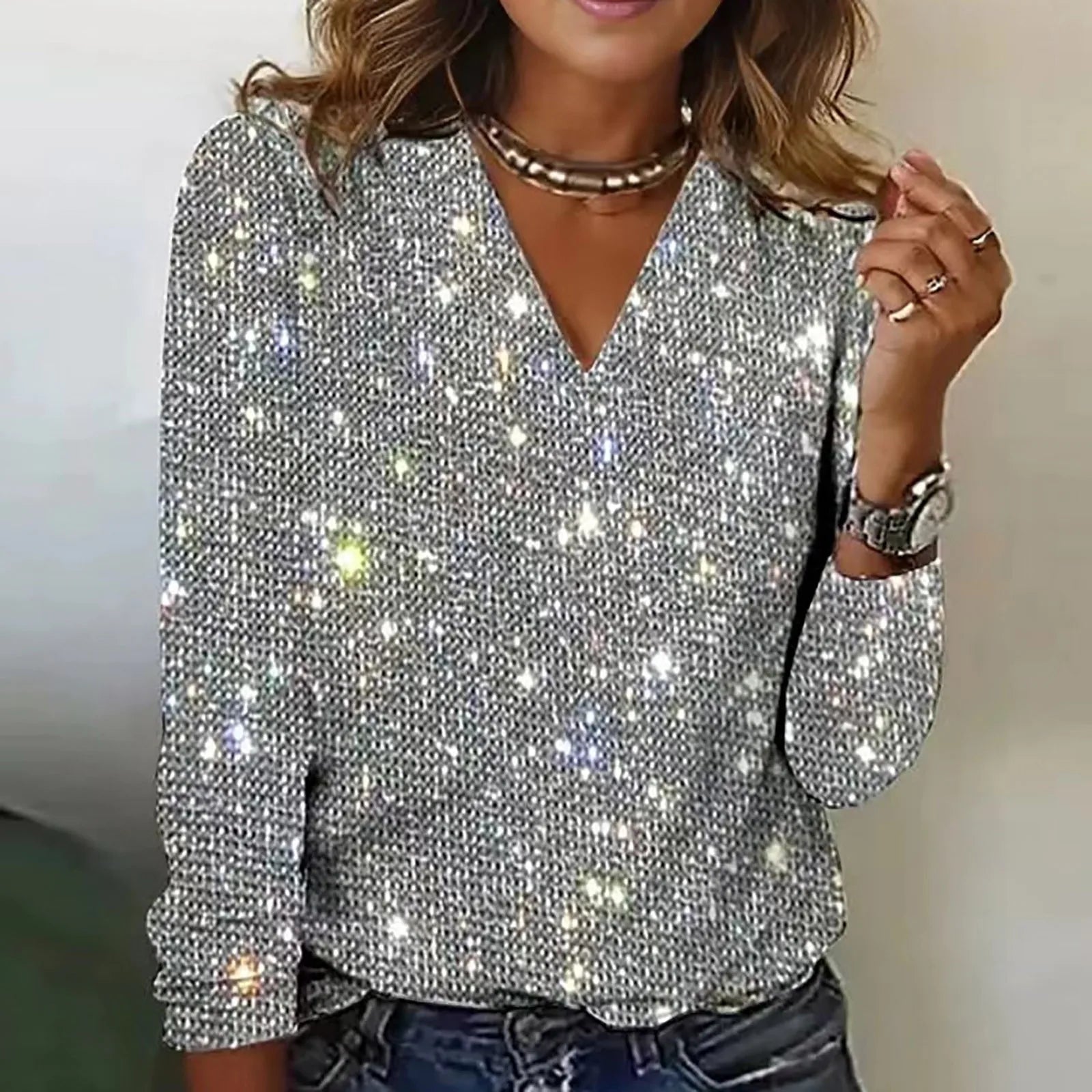 Sparkling V-Neck Top | Shimmer Effect | Chic & Stylish