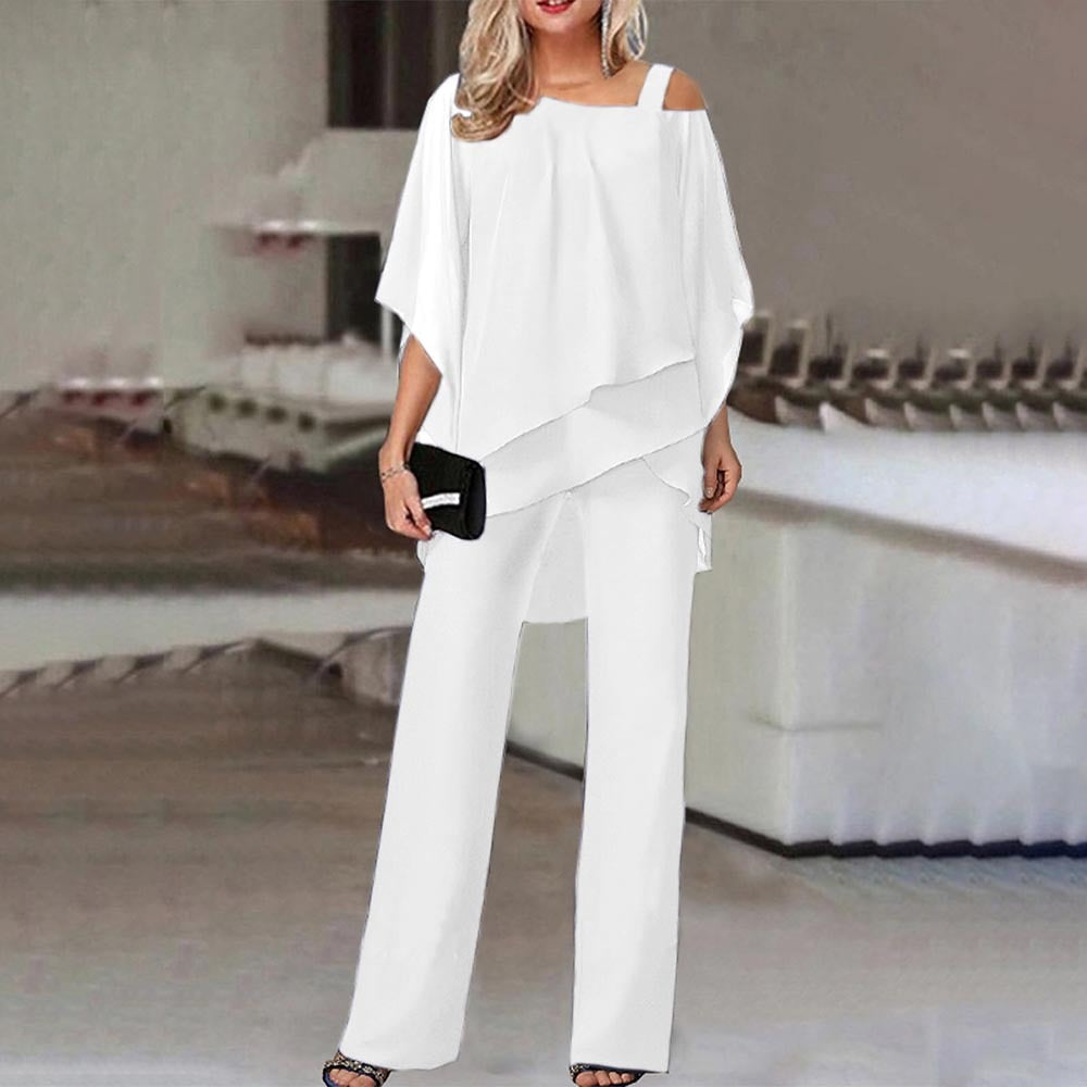 Elegant Two-Piece Pant Set | Cold-Shoulder Top & Wide-Leg Pants | Chic & Flowing