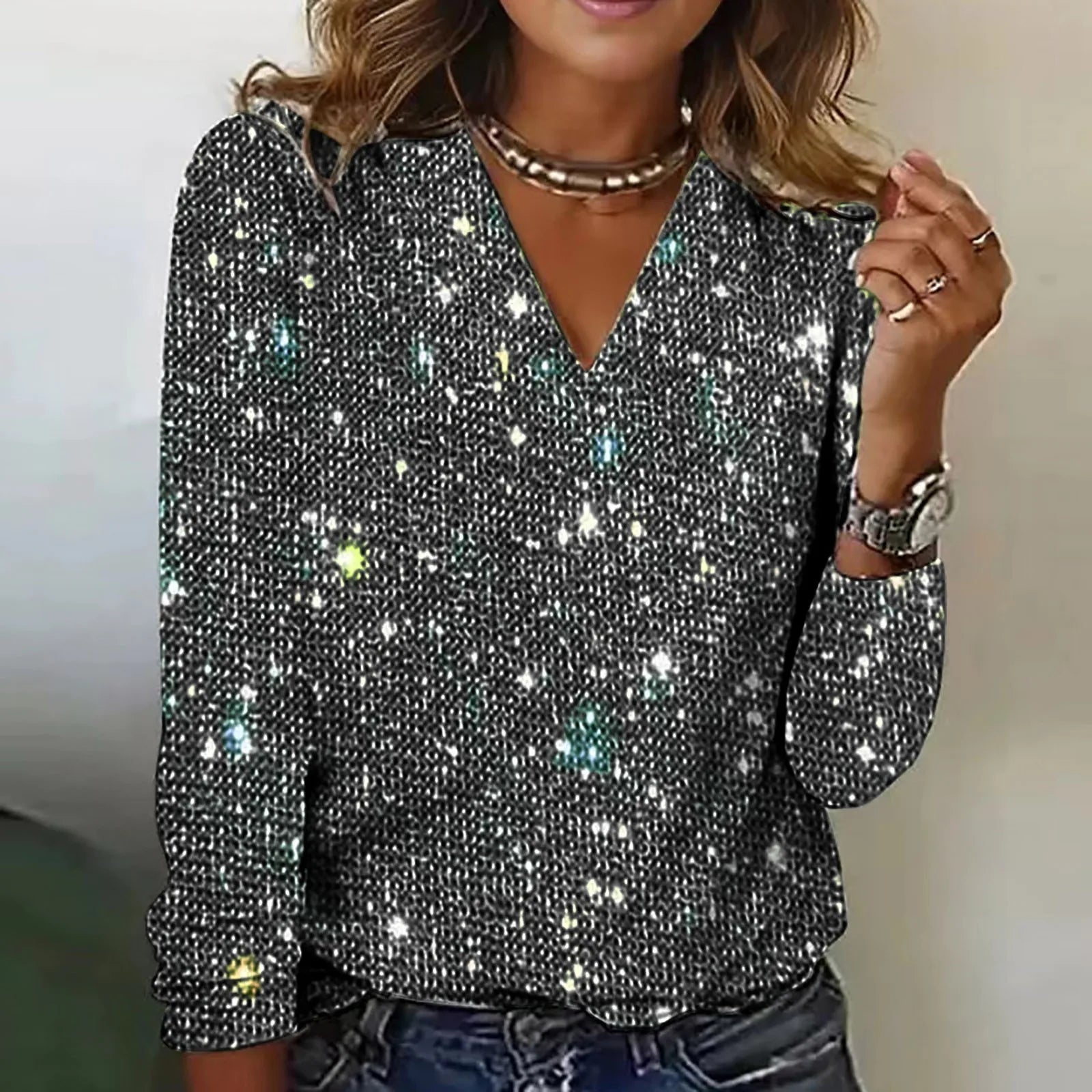 Sparkling V-Neck Top | Shimmer Effect | Chic & Stylish