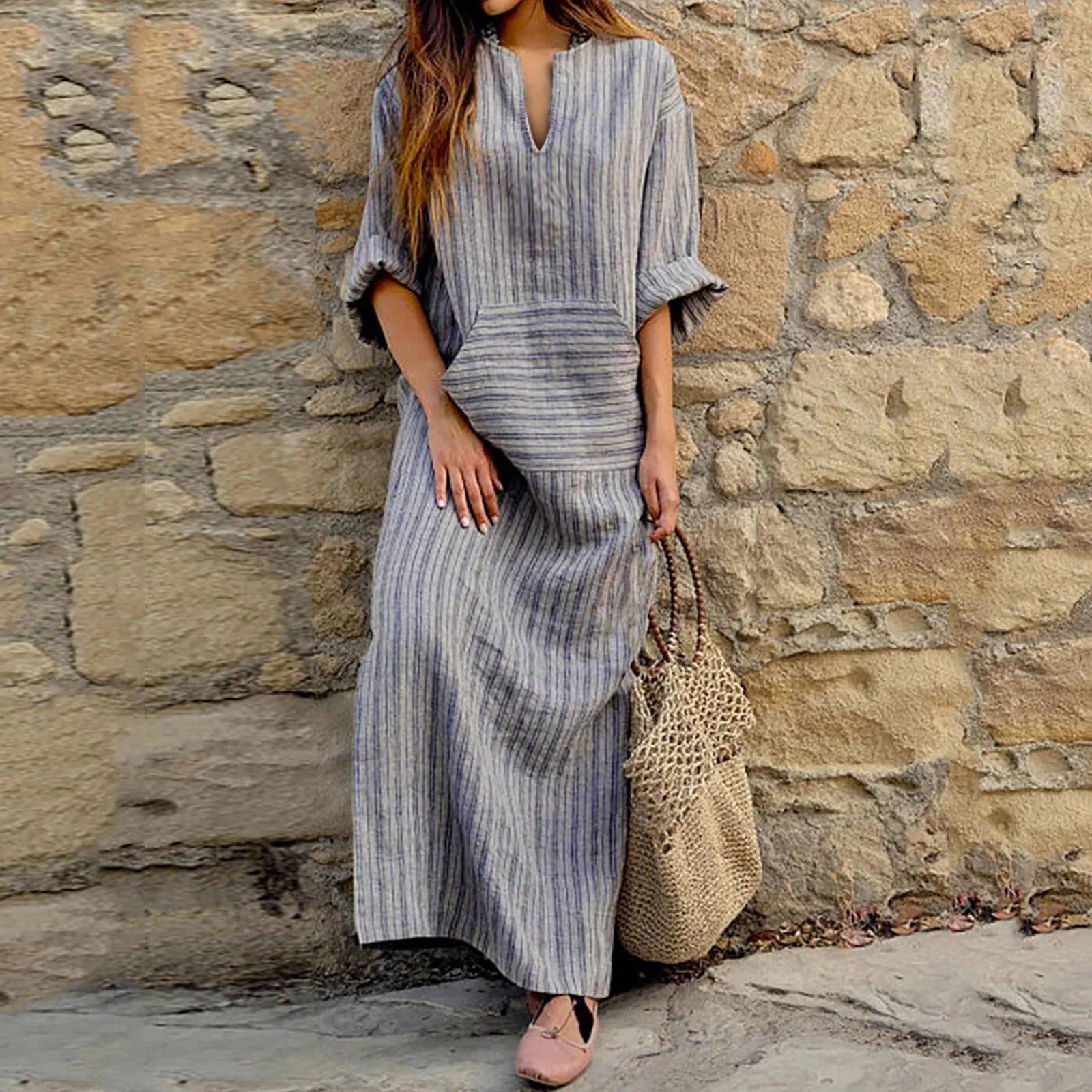 Striped Linen Maxi Dress | Relaxed Fit | Boho & Breathable