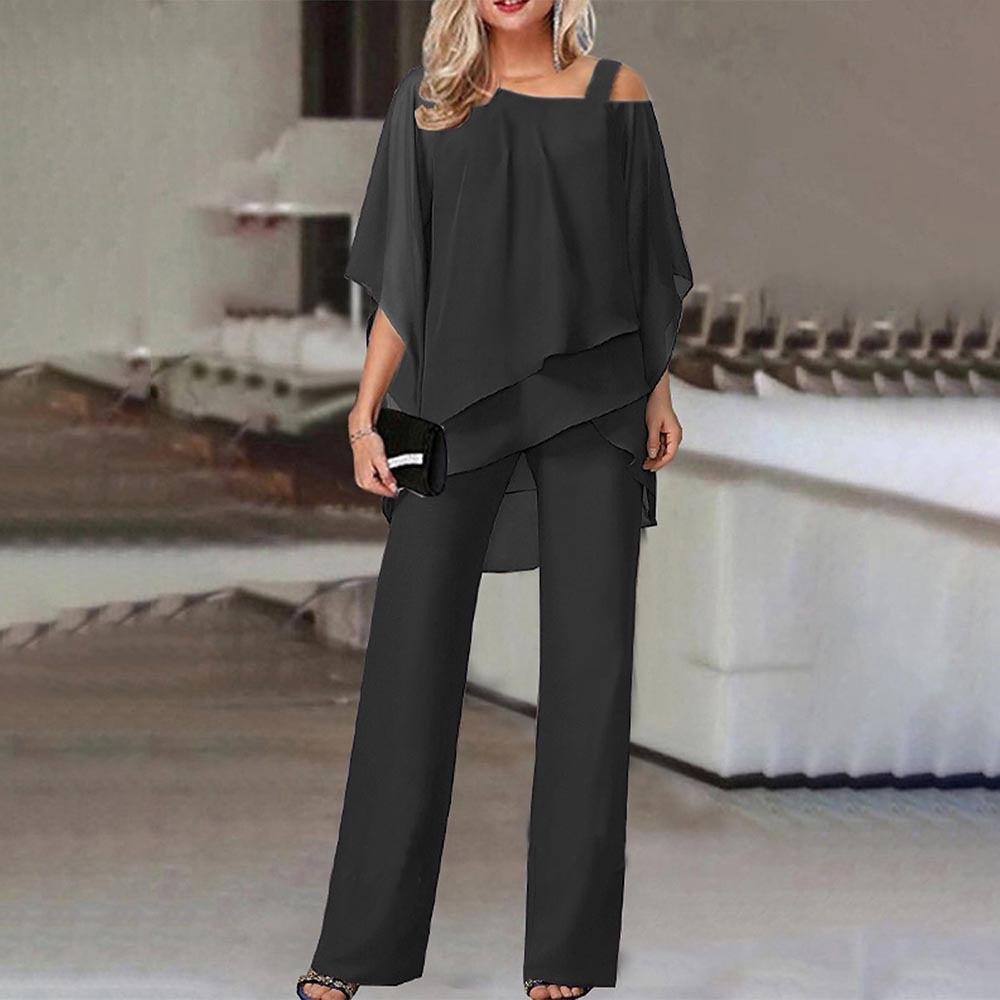 Elegant Two-Piece Pant Set | Cold-Shoulder Top & Wide-Leg Pants | Chic & Flowing