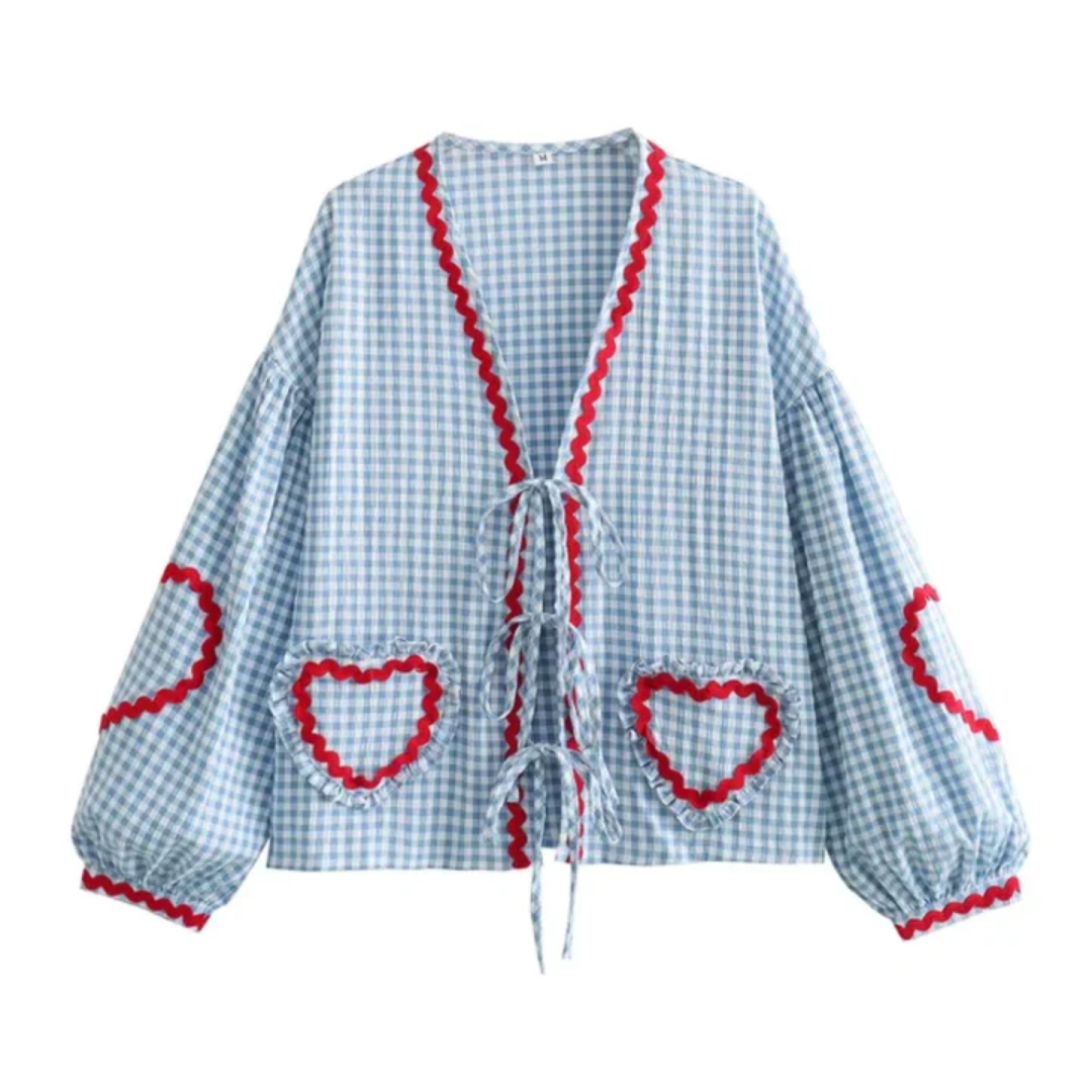 Gingham Tie-Front Blouse | Oversized Sleeves | Playful & Chic