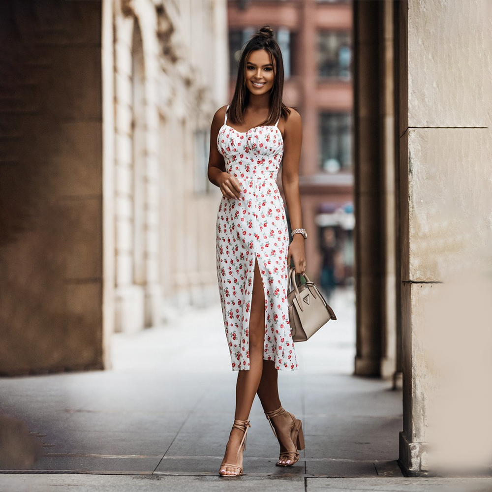 Floral Midi Dress | Sweetheart Neckline & High Slit