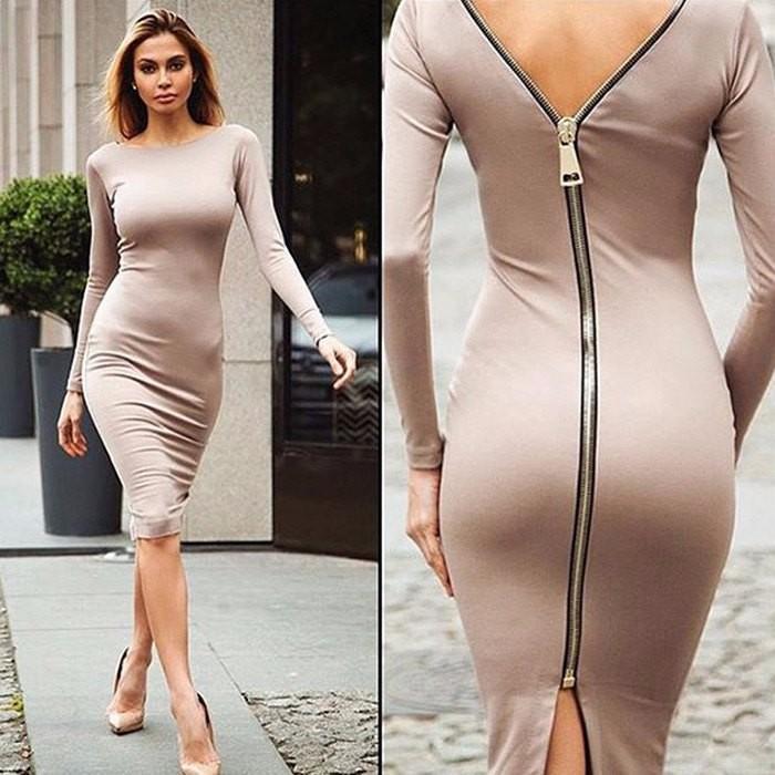 Long-Sleeve Bodycon Midi Dress | Exposed Zipper & V-Back