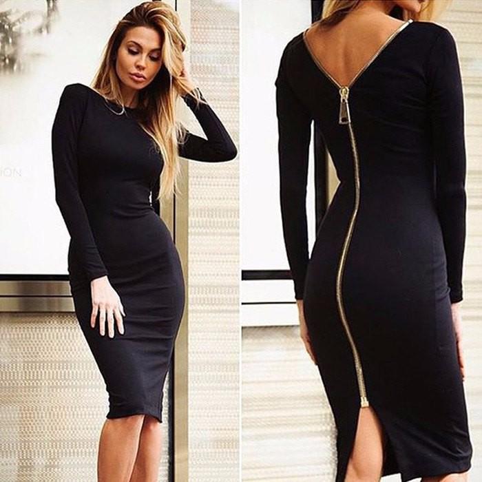 Long-Sleeve Bodycon Midi Dress | Exposed Zipper & V-Back