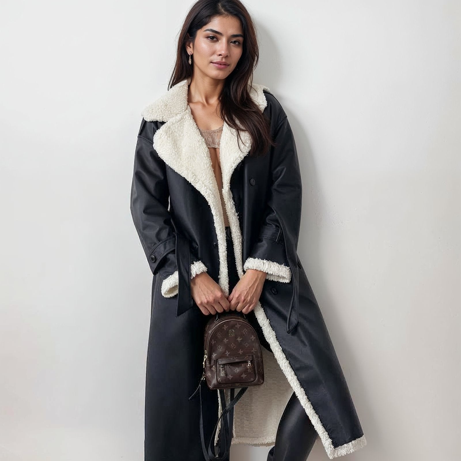 Faux Leather Shearling Coat | Warm & Stylish | Belted Longline Design