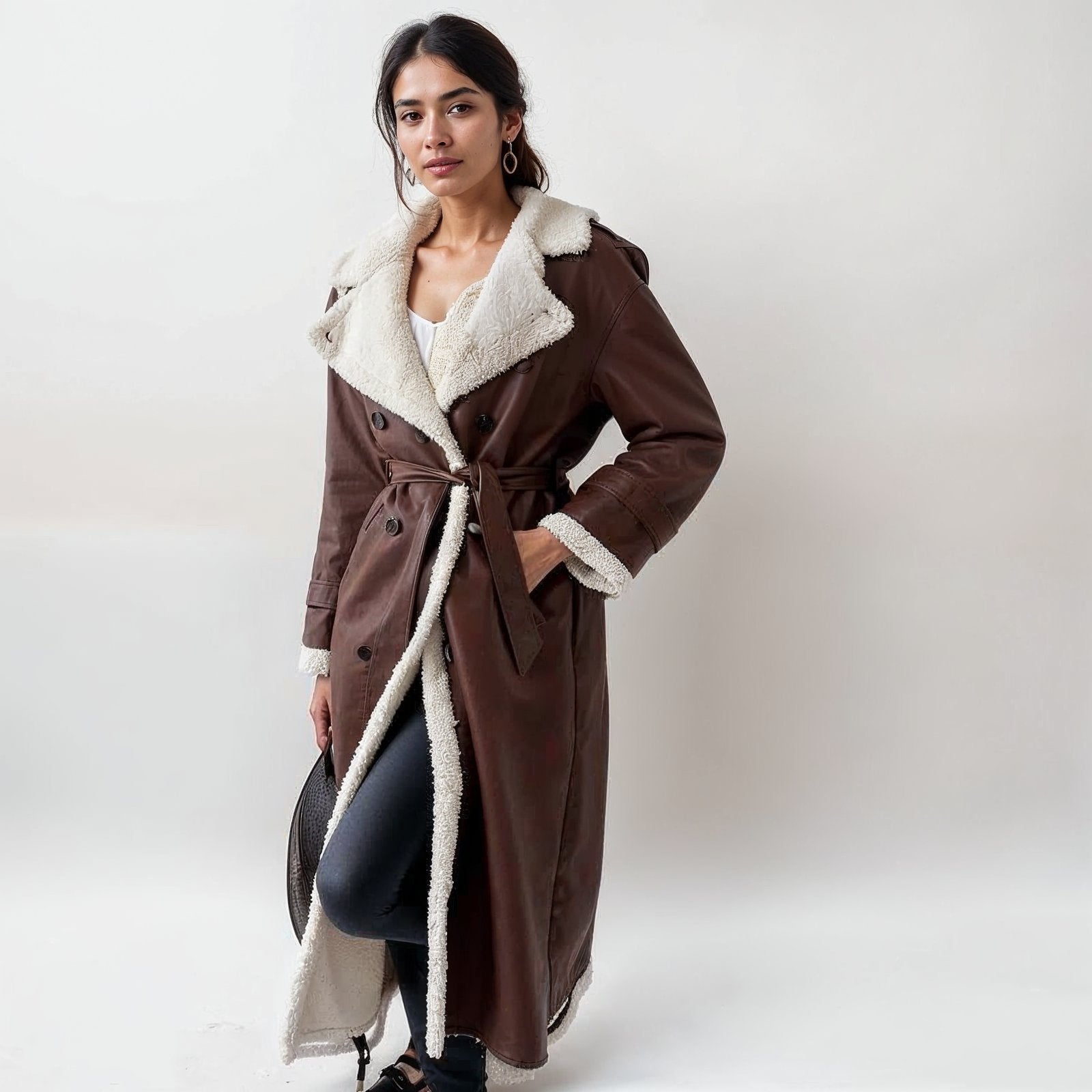 Faux Leather Shearling Coat | Warm & Stylish | Belted Longline Design