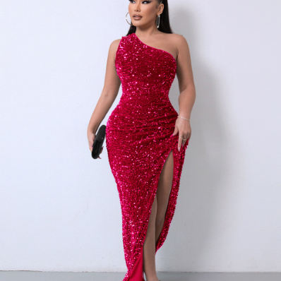 One-Shoulder Sequin Gown | High Slit & Figure-Hugging Fit