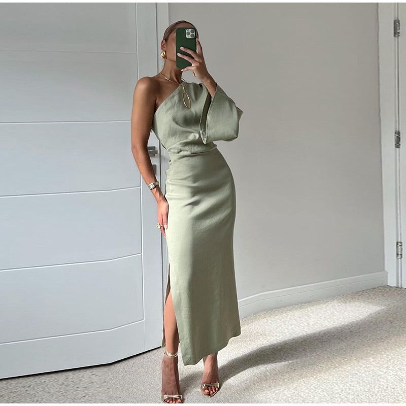 One-Shoulder Elegant Dress | Draped Sleeve & Slit